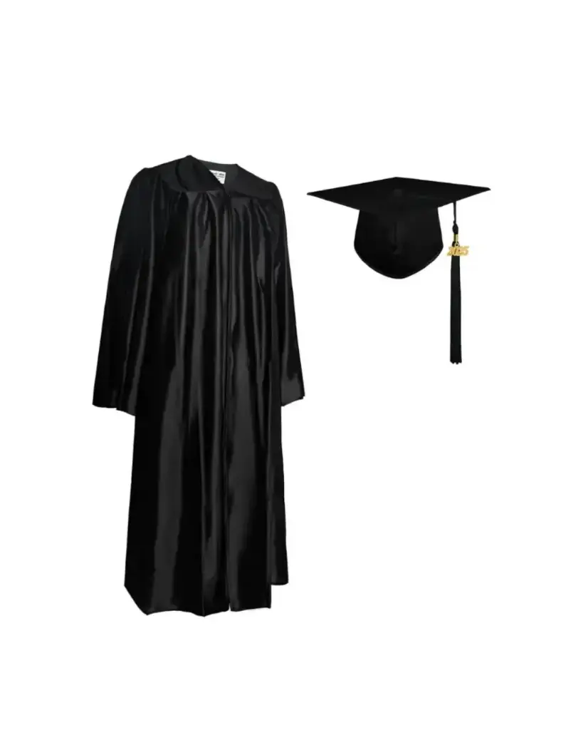 Black Graduation Gown For Adult Satin Finish with Cap & Tassel