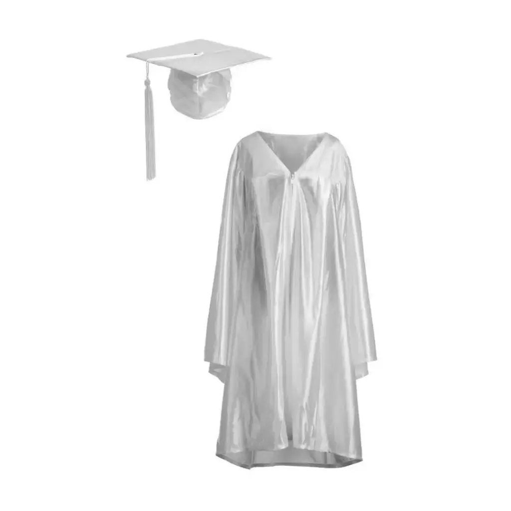 White Graduation Gown For Adult Satin Finish with Cap & Tassel