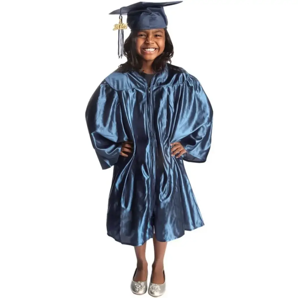 Dark Blue Satin Graduation Gown for Kids – Elegant Academic Regalia