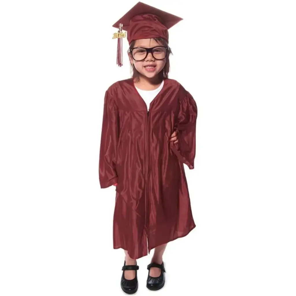 Maroon Satin Graduation Gown for Kids – Elegant Academic Attire